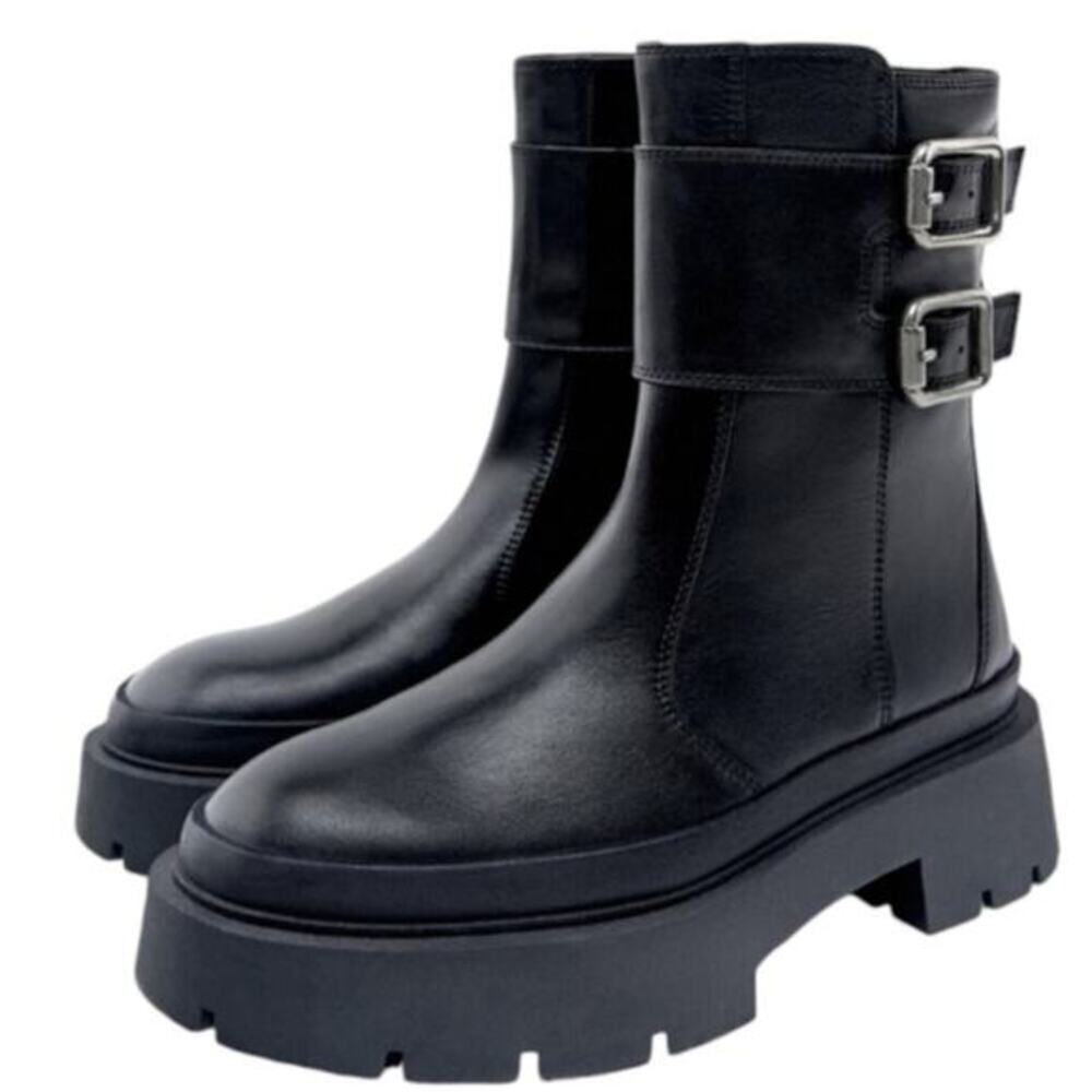 Zara Buckled Moto Goth Streetwear Lug SOLE Contemporary‎ Boots Size 37 US 6.5 - Picture 6 of 16